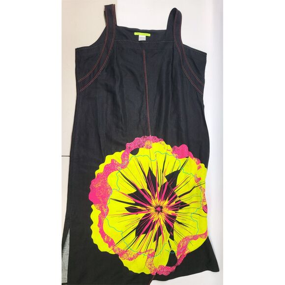 Alain Weiz Linen Viscose Black Dress with Neon Floral Print, Size 20 US - Picture 1 of 8